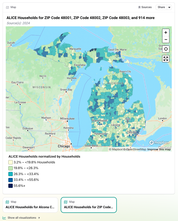 Map of Michigan showing ALICE households normalized by Households